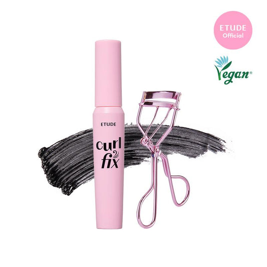 ETUDE Curl Fix Mascara & Curler Set #01 BLACK I Volumizing, Lengthening, Waterproof Lash Mascara for Dramatic Curl, Smudge-Resistant, Lightweight, Vegan Formula, 0.25 Fl Oz